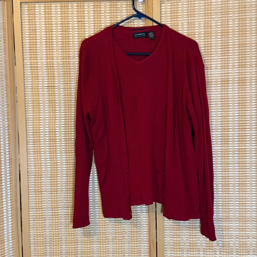 Liz Claiborne Collection Red 100% Silk Ribbed Twin Set Cardigan & Top Large